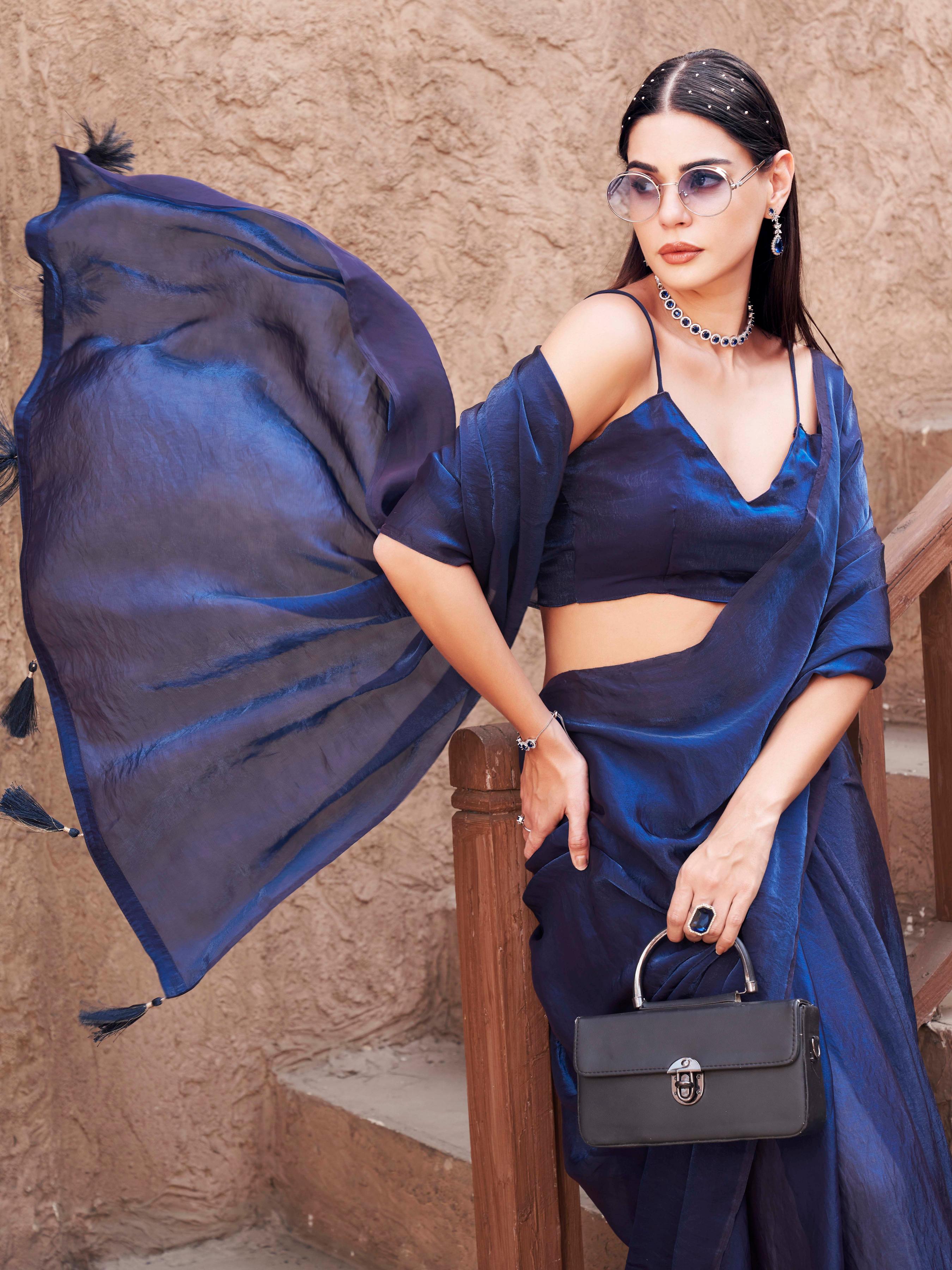 Two-way two-tone purple and blue colored jimmychoo saree with tassels on pallu